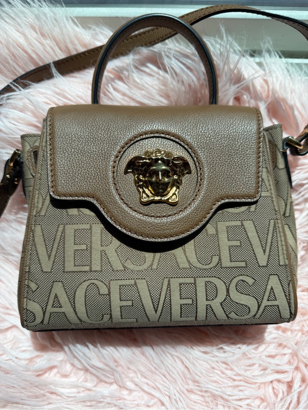 Versace Taupe Logo Jacquard Mini Top-Handle Bag with Gold Medusa